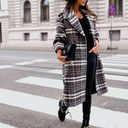 Grey & Black Buffalo Plaid Flap Detail Coat Lapel Neck Plaid Double Breasted Overcoat