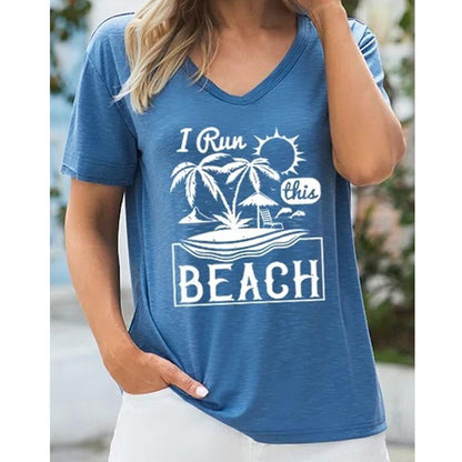 THIS BEACH Letter and Coconut Tree Print V Neck Short Sleeve Tee