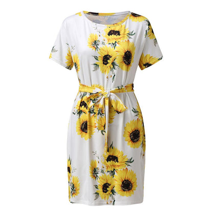 Floral & Ombre Printed Round Neck Short Sleeve Belted Dress