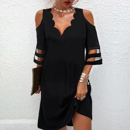 Floral & Geo Print V Neck Cold Shoulder Mesh Panel Short Sleeve Dress