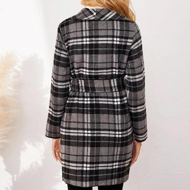 Plaid Black and White Open Front Long Sleeve Belted Casual Coat