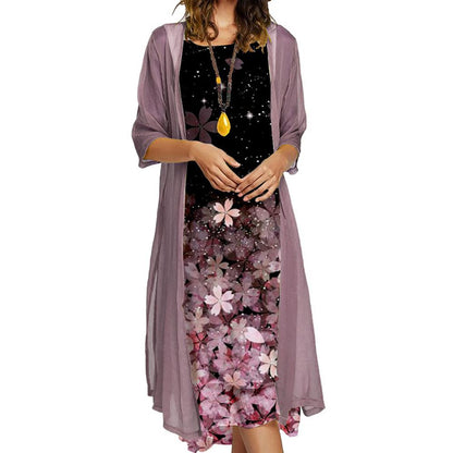 Floral Print Round Neck Dress With Solid Mesh Half Sleeve Kimono Set