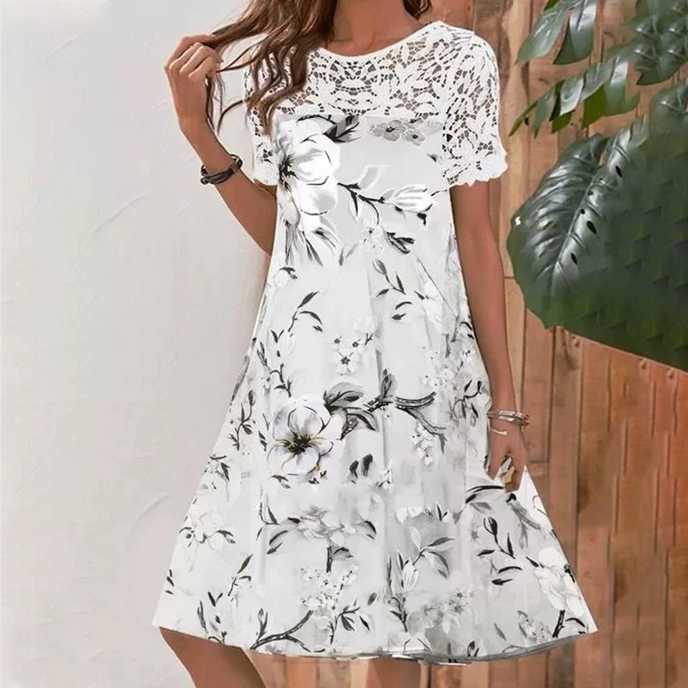 Floral Printed Lace Patchwork Short Sleeve Dress