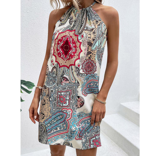 Floral Print Tie Back Halter Neck Mini Dress
