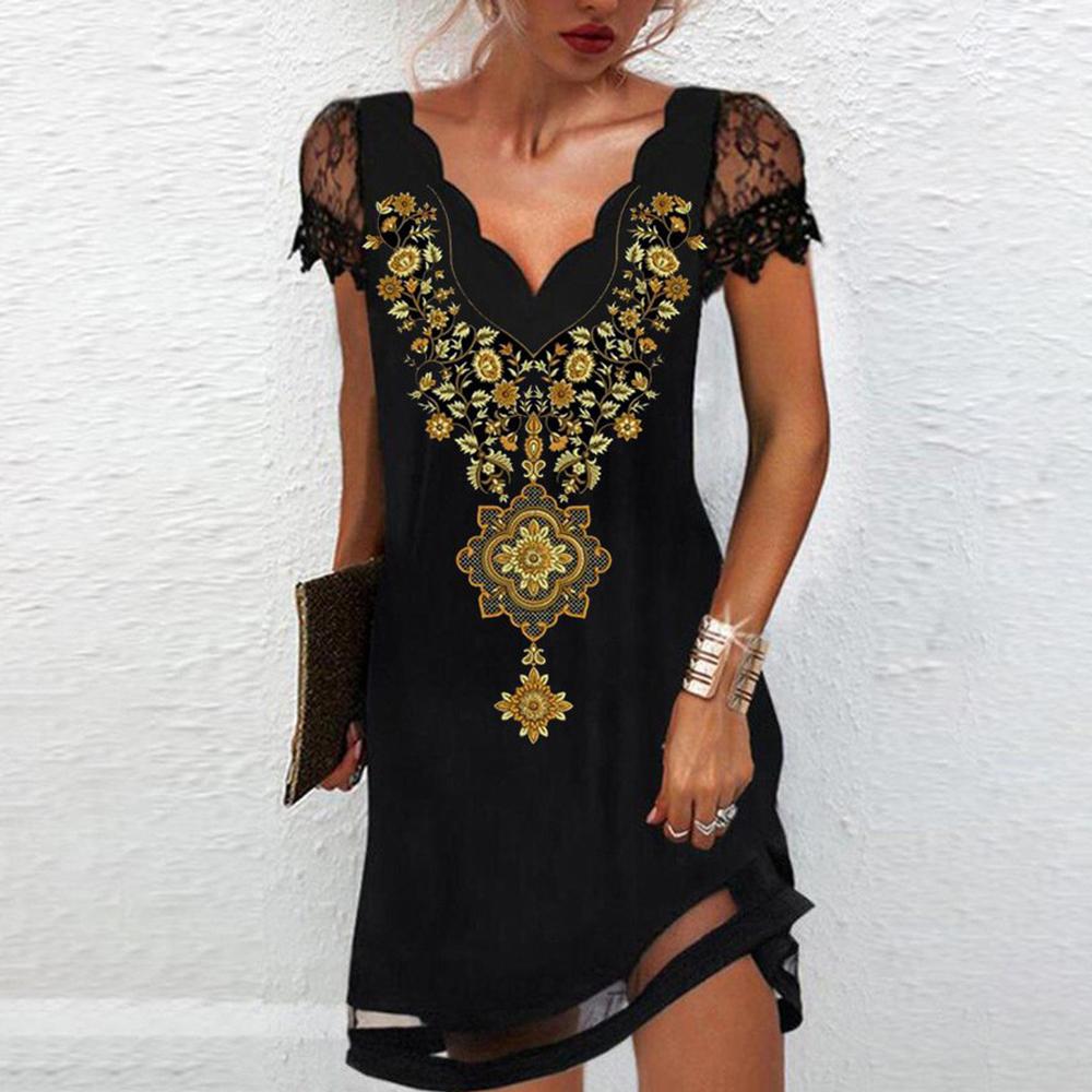 Floral Graphic Printed V Neck Lace Short Sleeve Dress
