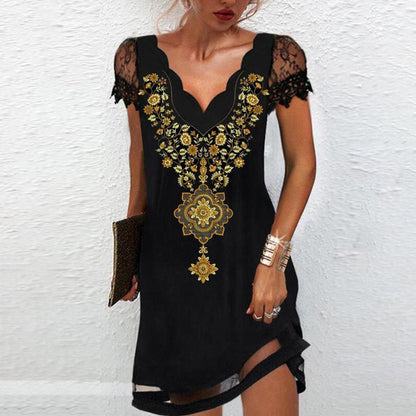 Floral Graphic Printed V Neck Lace Short Sleeve Dress