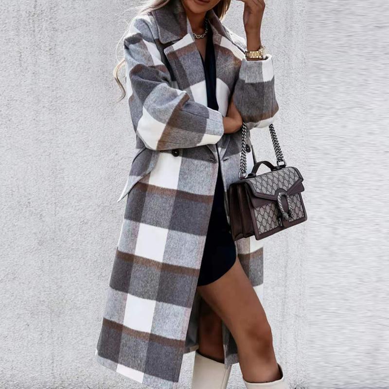 Grey & Black Buffalo Plaid Flap Detail Coat Lapel Neck Plaid Double Breasted Overcoat