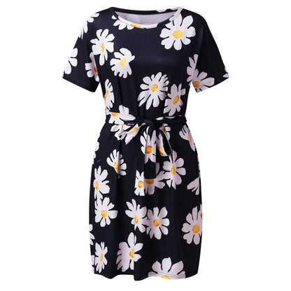 Floral & Ombre Printed Round Neck Short Sleeve Belted Dress