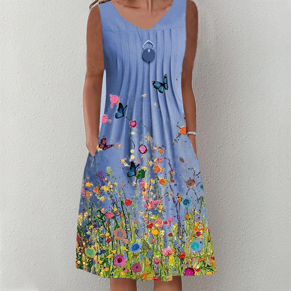Floral & Butterfly Print Round Neck Sleeveless Tank Dress