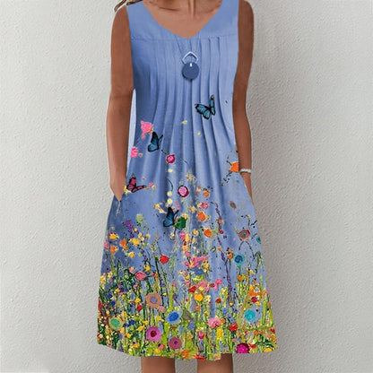 Floral & Butterfly Print Round Neck Sleeveless Tank Dress