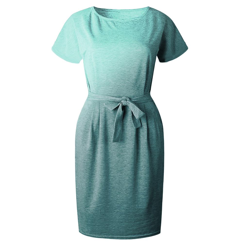 Floral & Ombre Printed Round Neck Short Sleeve Belted Dress