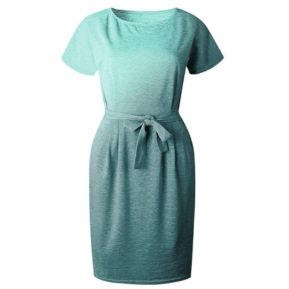 Floral & Ombre Printed Round Neck Short Sleeve Belted Dress