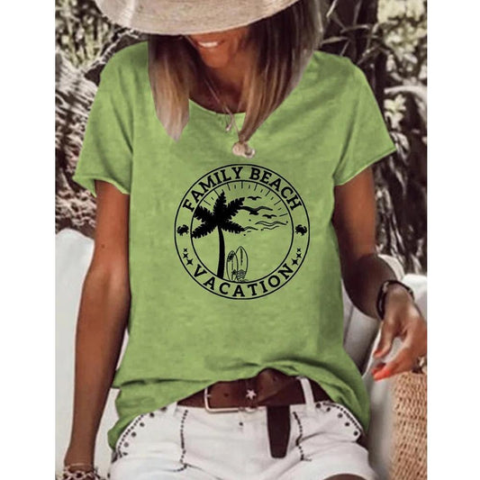 VACATION Letter and Beach Print Crew Neck Short Sleeve Tee