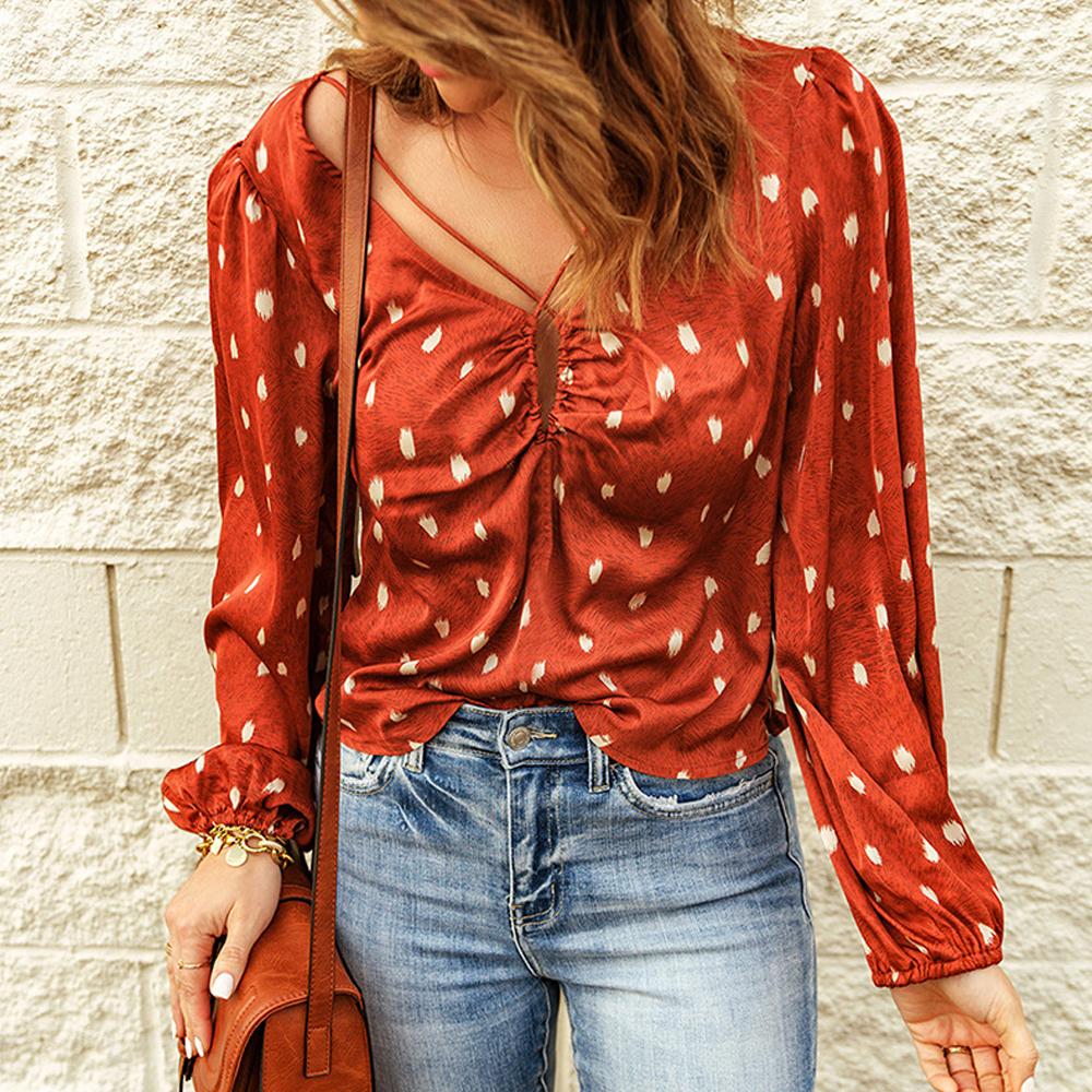Polka Dot Print Lantern Sleeve Crisscross Blouse