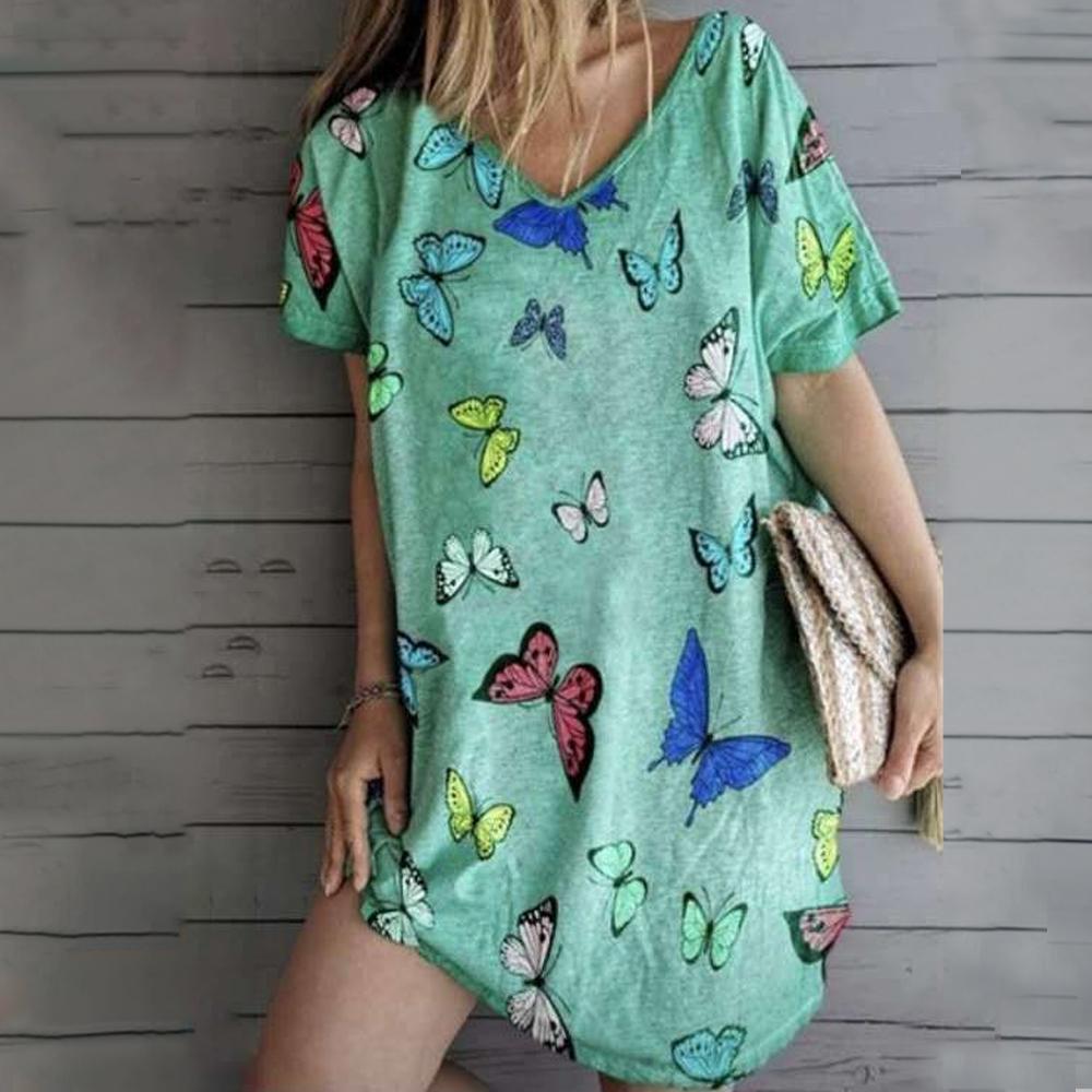 Butterfly Print V Neck Short Sleeve Loose Dress