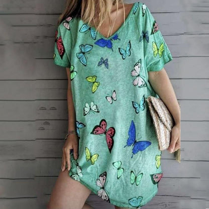 Butterfly Print V Neck Short Sleeve Loose Dress