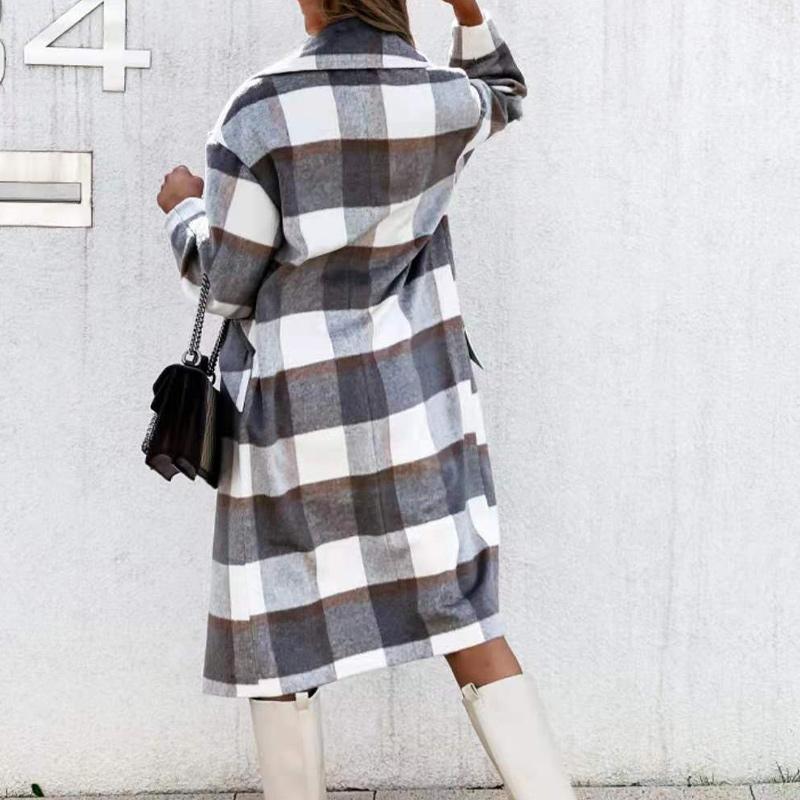 Grey & Black Buffalo Plaid Flap Detail Coat Lapel Neck Plaid Double Breasted Overcoat
