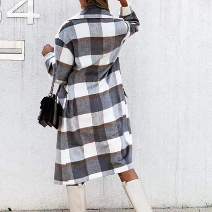 Grey & Black Buffalo Plaid Flap Detail Coat Lapel Neck Plaid Double Breasted Overcoat