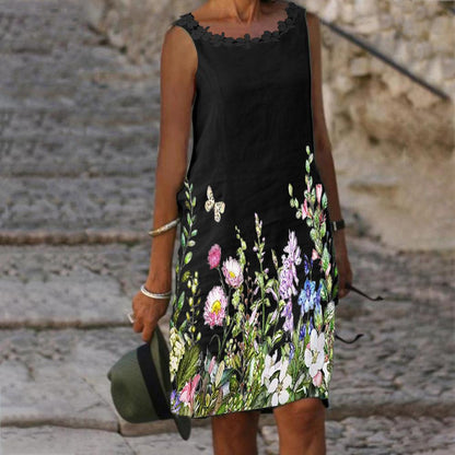 Floral Print Lace Trim Round Neck Sleeveless Chiffon Tank Dress