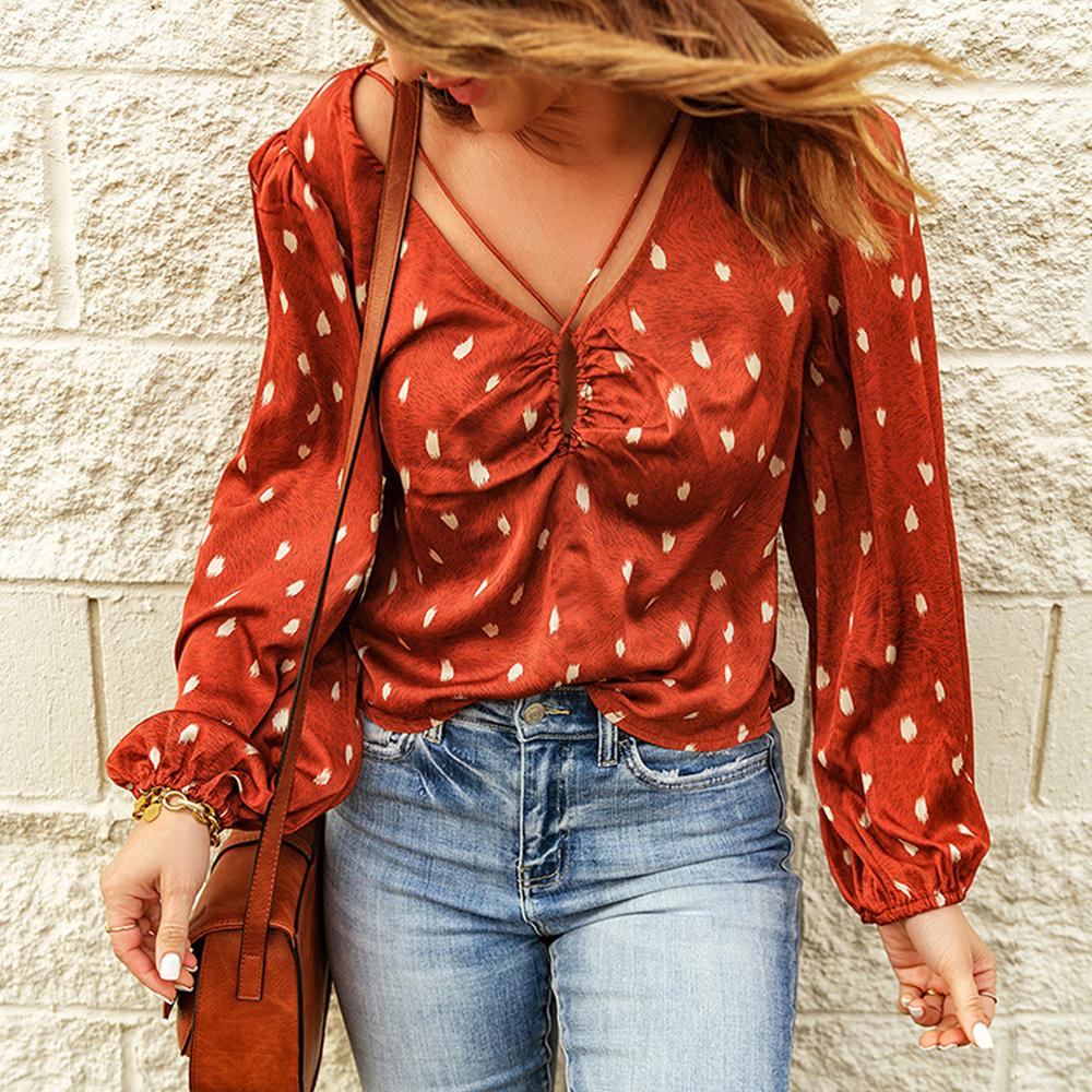 Polka Dot Print Lantern Sleeve Crisscross Blouse