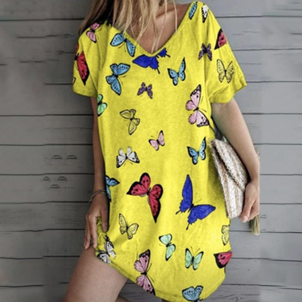 Butterfly Print V Neck Short Sleeve Loose Dress