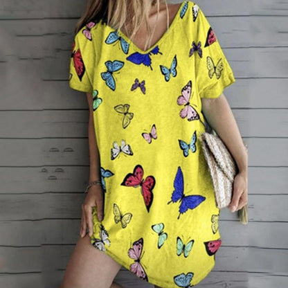 Butterfly Print V Neck Short Sleeve Loose Dress