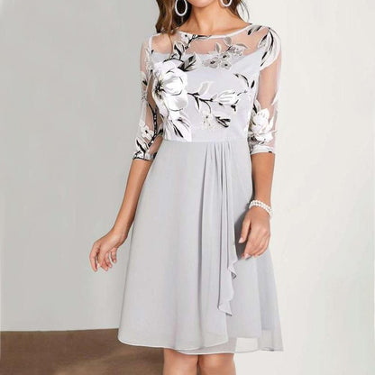 Grey Round Neck Floral Print Mesh Asymmetrical Hem Dress
