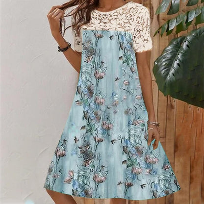 Floral Printed Lace Patchwork Short Sleeve Dress