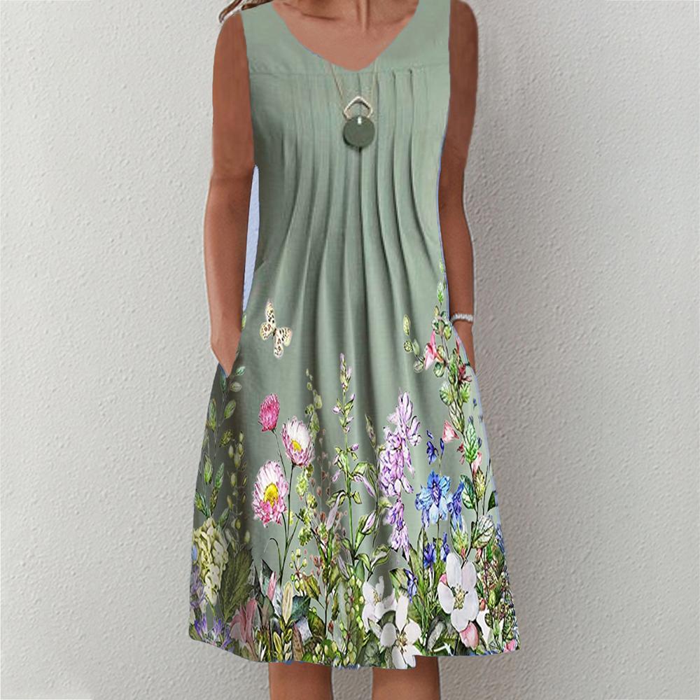 Floral & Butterfly Print Round Neck Sleeveless Tank Dress