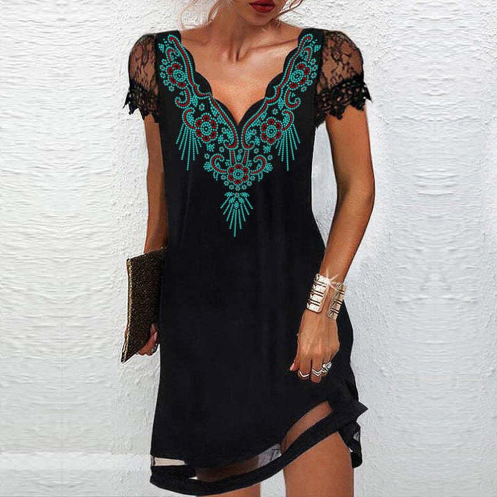 Floral Graphic Printed V Neck Lace Short Sleeve Dress