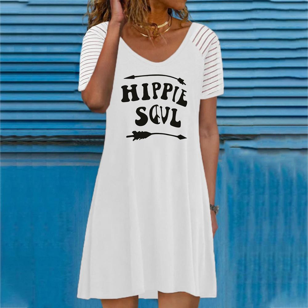 White Round Neck Letter and Graphic Print Short Sleeve Dress