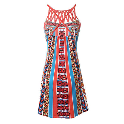 Crisscross Front Geo and Floral Print Halter Neck Sleeveless Dress