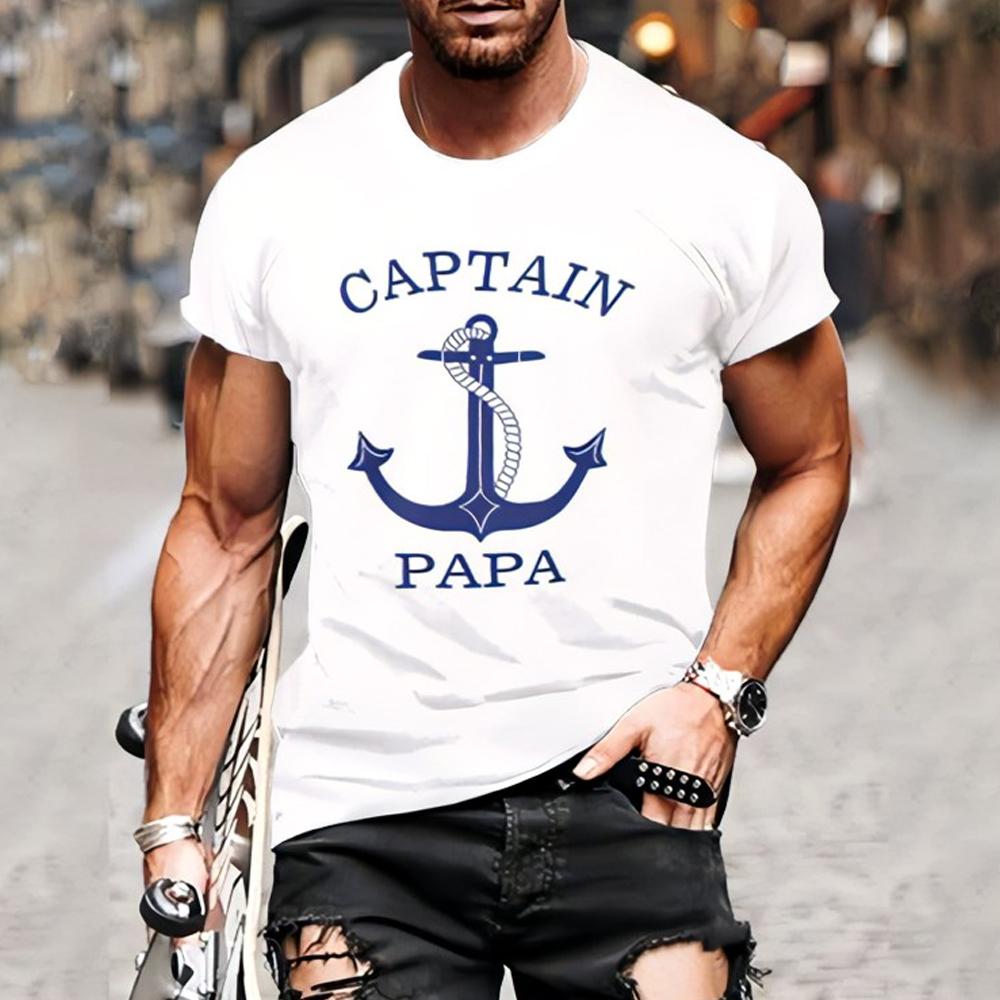 White Letter and Anchor Print Crewneck Short Sleeve Men T-Shirt
