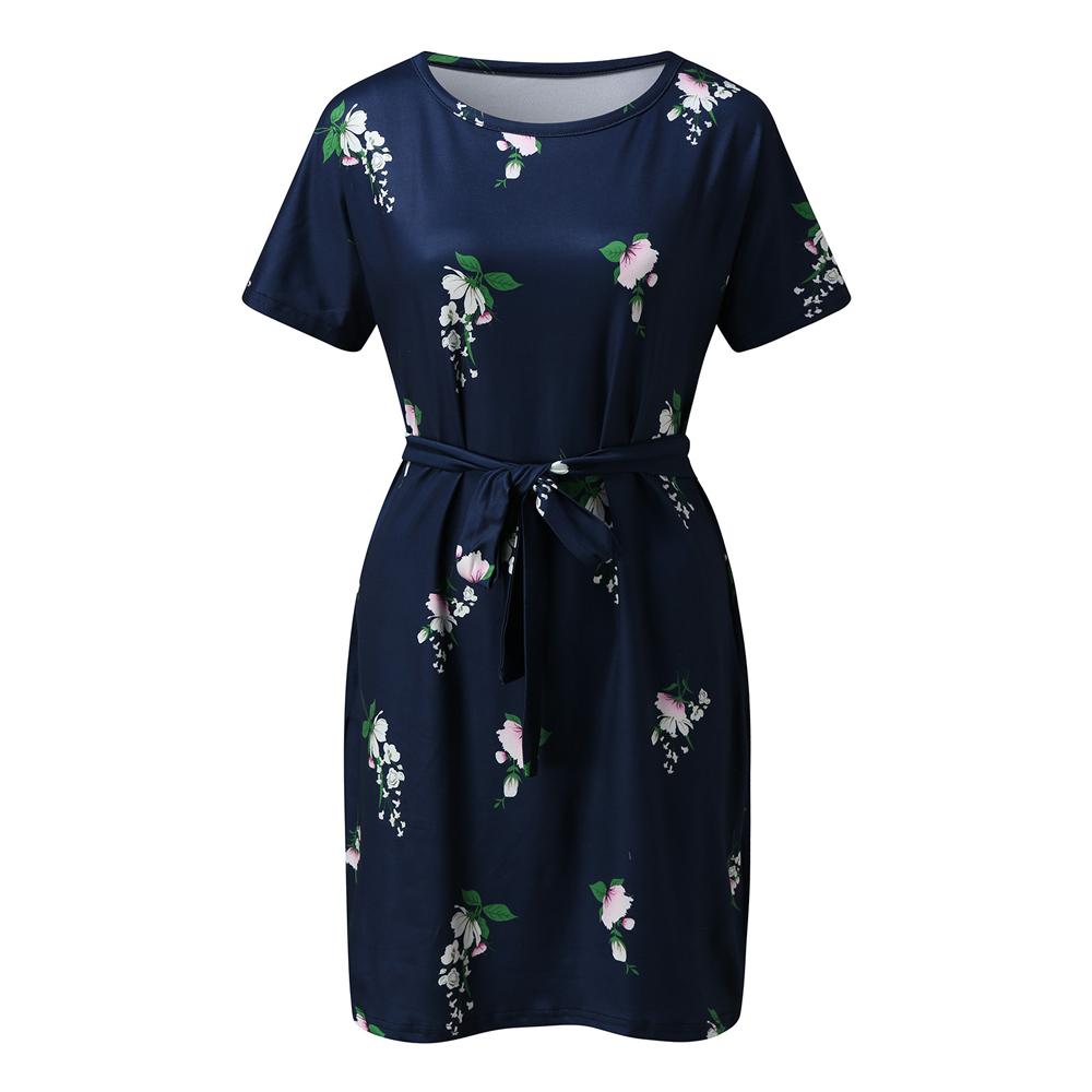 Floral & Ombre Printed Round Neck Short Sleeve Belted Dress