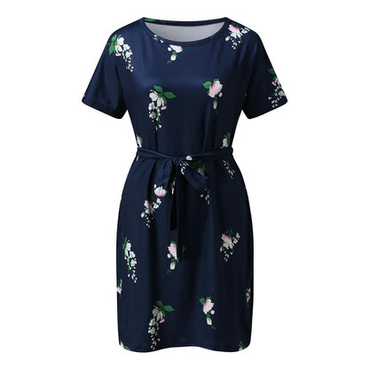 Floral & Ombre Printed Round Neck Short Sleeve Belted Dress