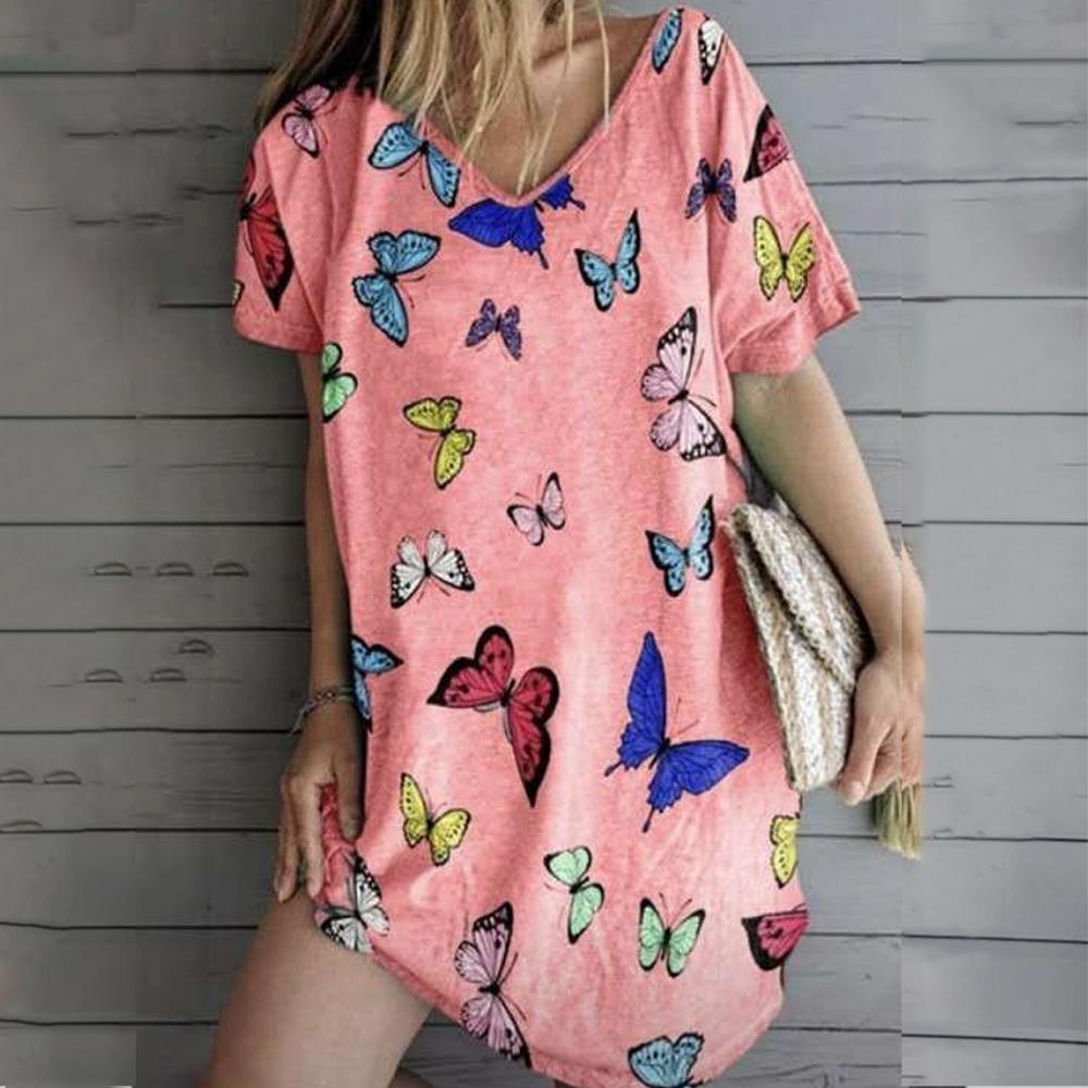 Butterfly Print V Neck Short Sleeve Loose Dress