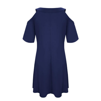 Solid Cold Shoulder Button Detail Short Sleeve A Line Dress