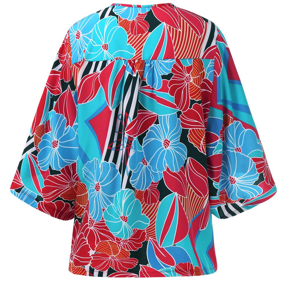 Floral Print V Neck Button Front Blouse