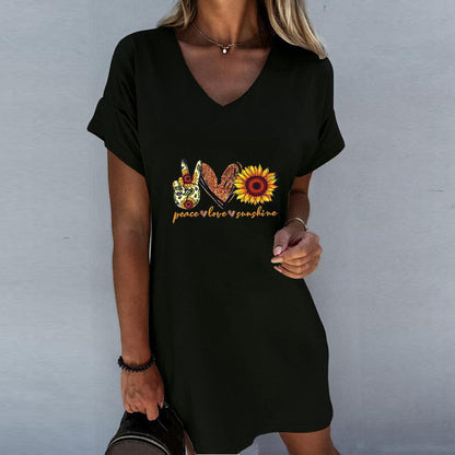 Funny Sunflower Print V Neck Short Sleeve Dress