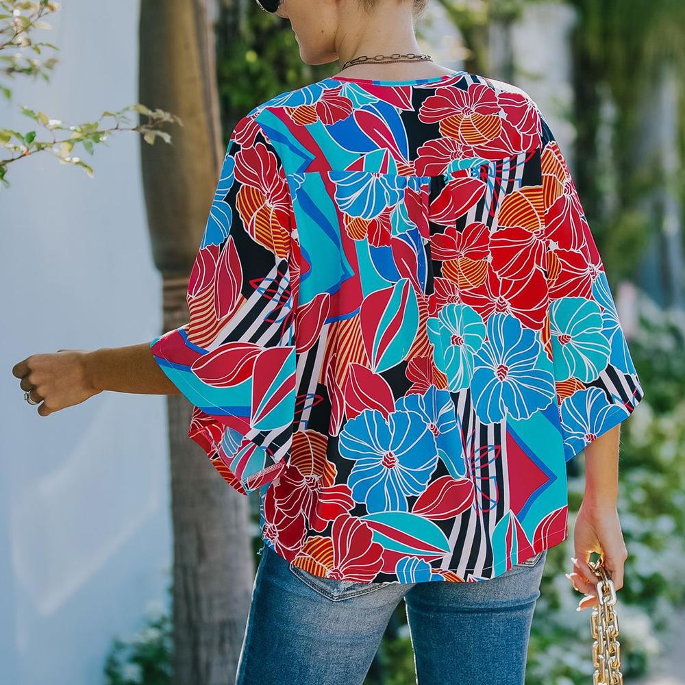 Floral Print V Neck Button Front Blouse