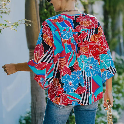 Floral Print V Neck Button Front Blouse