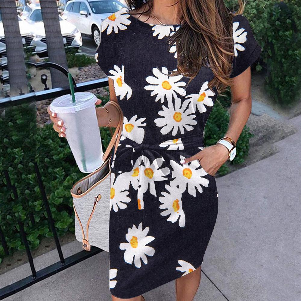 Floral & Ombre Printed Round Neck Short Sleeve Belted Dress