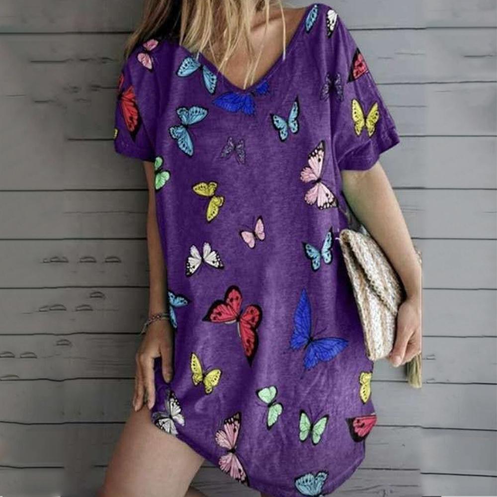 Butterfly Print V Neck Short Sleeve Loose Dress