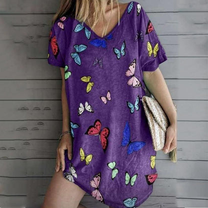 Butterfly Print V Neck Short Sleeve Loose Dress