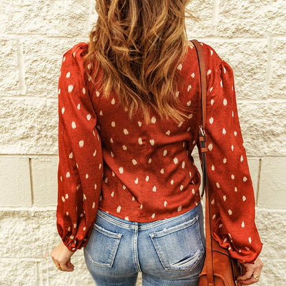Polka Dot Print Lantern Sleeve Crisscross Blouse
