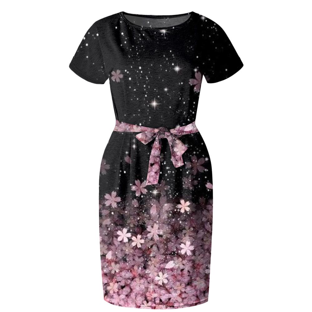 Floral & Ombre Printed Round Neck Short Sleeve Belted Dress