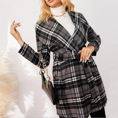 Plaid Black and White Open Front Long Sleeve Belted Casual Coat