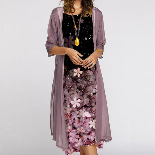 Floral Print Round Neck Dress With Solid Mesh Half Sleeve Kimono Set