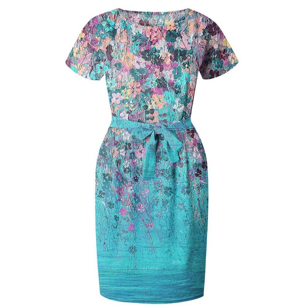 Floral & Ombre Printed Round Neck Short Sleeve Belted Dress