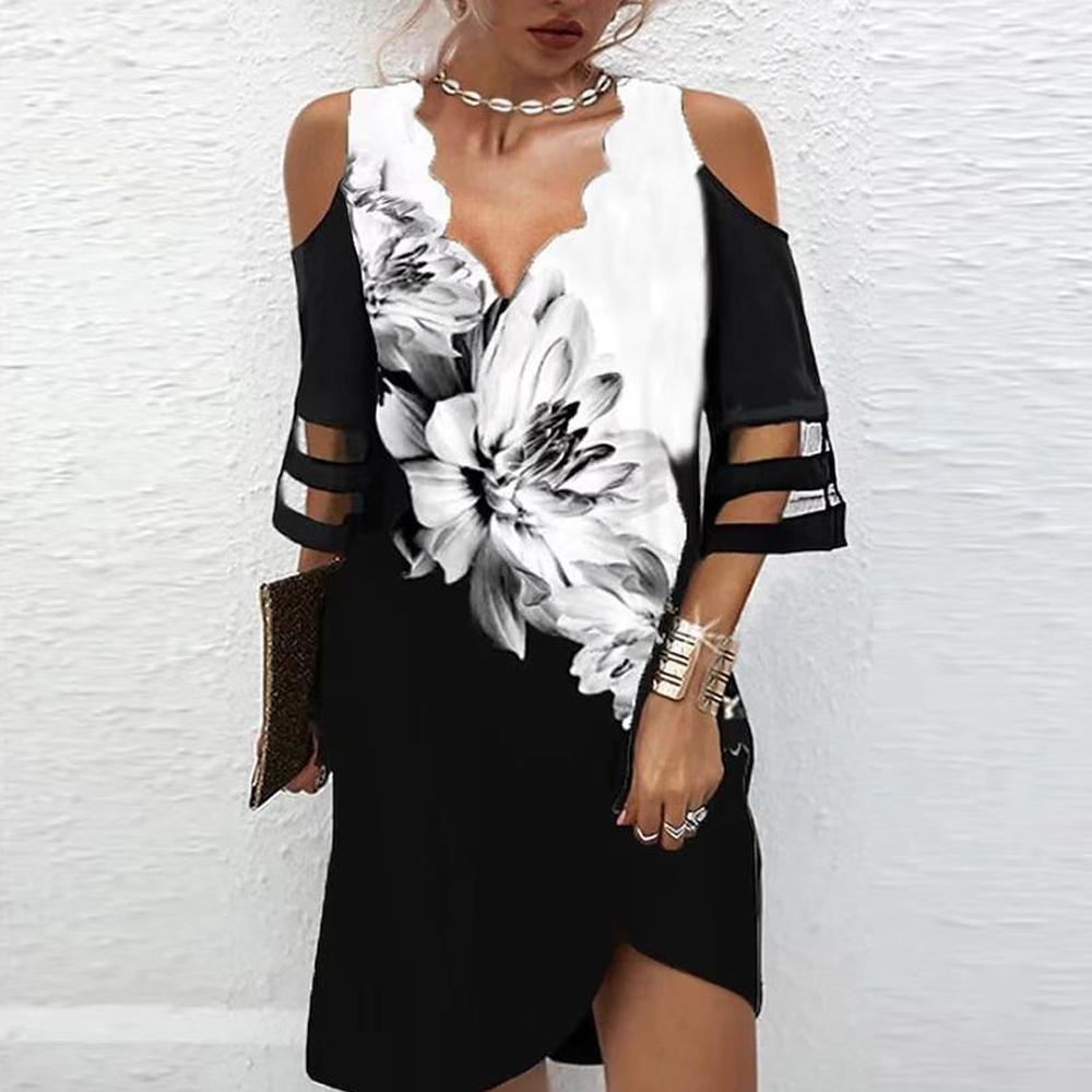 Floral & Geo Print V Neck Cold Shoulder Mesh Panel Short Sleeve Dress